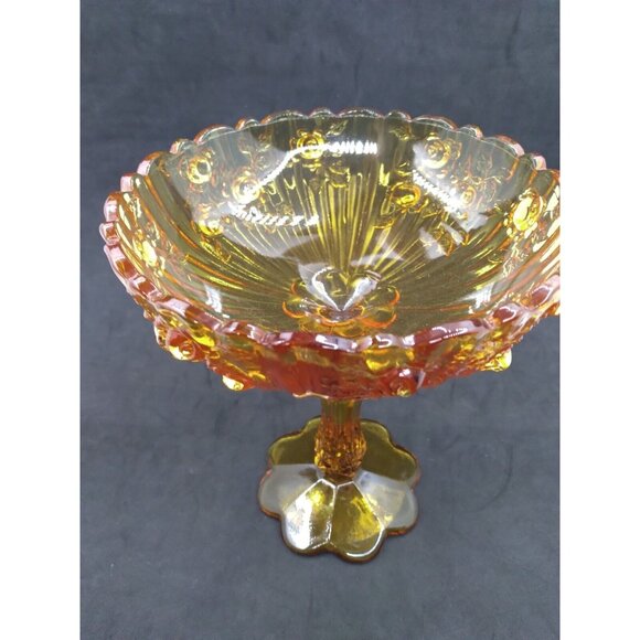 Vtg Unmarked Fenton Raised Cabbage Rose Amber Glass Pedestal Compote Candy Dish - Picture 6 of 15